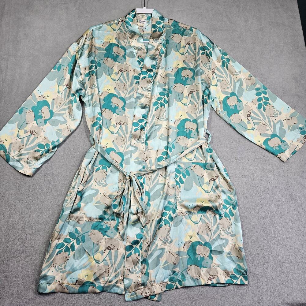 PUSHEEN Robe Womens Size XS S M Floral Green Cat Lounge Satin Animal Lover